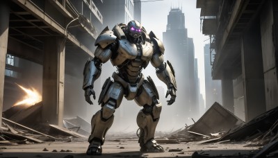 HQ,solo,standing,purple eyes,no humans,glowing,robot,building,mecha,glowing eyes,science fiction,city,realistic,glowing eye,explosion,ruins,looking ahead,open hands,debris,weapon,pink eyes,one-eyed