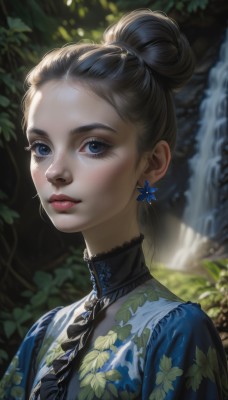 1girl,solo,looking at viewer,blue eyes,brown hair,black hair,dress,jewelry,closed mouth,upper body,earrings,outdoors,day,hair bun,blurry,tree,lips,eyelashes,makeup,depth of field,blurry background,blue dress,leaf,floral print,sunlight,single hair bun,plant,lipstick,portrait,nature,eyeshadow,freckles,realistic,nose,red lips,dappled sunlight,blush,parted lips,artist name,water,lace,waterfall,mascara