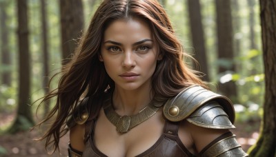 1girl,solo,long hair,breasts,looking at viewer,large breasts,brown hair,cleavage,brown eyes,jewelry,medium breasts,closed mouth,upper body,outdoors,day,necklace,armor,blurry,tree,lips,depth of field,blurry background,shoulder armor,nature,forest,pauldrons,realistic,nose,sunlight,portrait