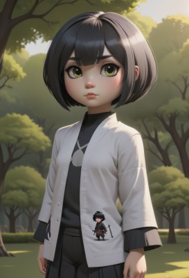 1girl,solo,looking at viewer,blush,short hair,bangs,skirt,shirt,black hair,long sleeves,closed mouth,green eyes,standing,jacket,weapon,pleated skirt,outdoors,open clothes,day,pants,sword,artist name,black skirt,open jacket,tree,lips,black shirt,turtleneck,bob cut,white jacket,thick eyebrows,grass,child,nature,forest,freckles,arms at sides,female child,doll,nose,character doll