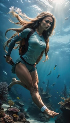 1girl,solo,long hair,breasts,blue eyes,blonde hair,brown hair,holding,jewelry,medium breasts,swimsuit,weapon,barefoot,water,lips,gun,one-piece swimsuit,bodysuit,ocean,sunlight,knife,handgun,fish,bubble,light rays,underwater,realistic,nose,anklet,taut clothes,air bubble,raglan sleeves,sunbeam,swimming,diving mask,turtle,freediving,coral,wetsuit,seaweed,ankle wrap,holding breath,diving,looking at viewer,shirt,thighs,shorts,bag,nail polish,feet,legs,short shorts,toes,soles,backpack,t-shirt,running,rock,dirty,taut shirt,shell,seashell,dirty feet