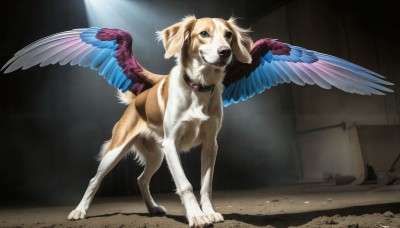 HQ,solo,brown eyes,standing,full body,wings,indoors,black eyes,collar,no humans,animal,feathered wings,dog,light rays,realistic,animal focus,animal collar,looking at viewer,tongue,sunlight,white fur,spotlight,spread wings