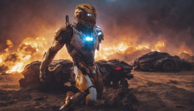 solo,blue eyes,1boy,weapon,male focus,multiple boys,armor,gun,kneeling,glowing,helmet,fire,robot,ground vehicle,mecha,glowing eyes,motor vehicle,rifle,smoke,science fiction,military vehicle,car,explosion,damaged,power armor,burning,1girl,military,one knee,tank,humanoid robot