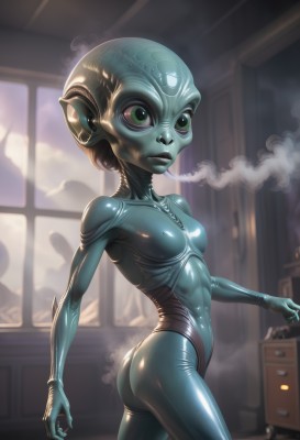 1girl,solo,breasts,short hair,jewelry,green eyes,ass,small breasts,shiny,bodysuit,colored skin,skin tight,smoke,blue skin,latex,alien,looking at viewer,indoors,lips,window,science fiction,shiny clothes,green skin