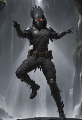 solo,looking at viewer,red eyes,gloves,1boy,standing,full body,male focus,boots,outdoors,black gloves,belt,pants,water,black footwear,armor,fur trim,mask,glowing,black pants,standing on one leg,helmet,feathers,pointing,glowing eyes,pouch,waterfall,cave,knee pads