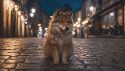 looking at viewer, outdoors, sky, blurry, no humans, night, depth of field, blurry background, animal, building, night sky, dog, realistic, road, animal focus, street, pavement