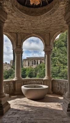 outdoors,sky,day,cloud,tree,blue sky,no humans,cloudy sky,building,nature,scenery,stairs,road,architecture,pillar,statue,arch,column,pavement,fountain,sunlight,fantasy,ruins