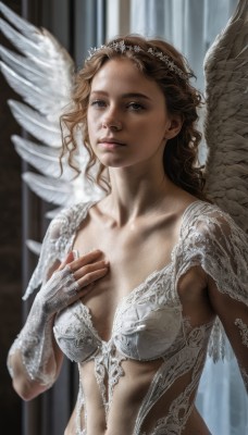 1girl,solo,long hair,breasts,looking at viewer,blue eyes,brown hair,gloves,navel,cleavage,medium breasts,closed mouth,collarbone,upper body,wings,fingerless gloves,blurry,lips,blurry background,wavy hair,hand on own chest,feathered wings,angel wings,realistic,white wings,angel,head wreath,dress,tiara