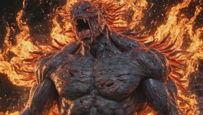 solo,long hair,looking at viewer,open mouth,red eyes,1boy,upper body,male focus,red hair,teeth,blood,muscular,glowing,colored skin,fangs,abs,fire,pectorals,sharp teeth,muscular male,glowing eyes,veins,monster,blood on face,embers,burning,nipples,wings,injury