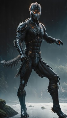 solo,looking at viewer,1boy,standing,tail,full body,male focus,armor,orange eyes,mask,glowing,helmet,clenched hand,glowing eyes,claws,rock,full armor,snow