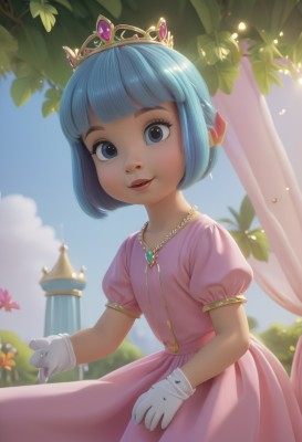 1girl,solo,looking at viewer,smile,short hair,open mouth,bangs,blue eyes,gloves,dress,jewelry,blue hair,flower,short sleeves,outdoors,parted lips,sky,teeth,day,puffy sleeves,artist name,cloud,white gloves,blunt bangs,necklace,tree,blue sky,puffy short sleeves,lips,eyelashes,leaf,bob cut,tiara,crown,gem,child,pink dress,female child,castle,princess,flat chest,watermark,plant,web address,realistic,nose