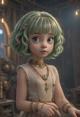 1girl,solo,looking at viewer,short hair,bangs,hair ornament,dress,jewelry,green eyes,upper body,hairband,parted lips,green hair,sleeveless,choker,artist name,indoors,blunt bangs,necklace,star (symbol),white dress,blurry,flat chest,bracelet,lips,eyelashes,depth of field,blurry background,gem,child,pendant,freckles,curly hair,star hair ornament,nose,female child,steampunk,breasts,pointy ears,sleeveless dress,realistic