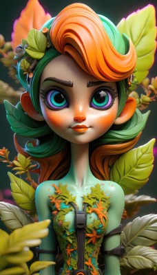 1girl,solo,long hair,breasts,looking at viewer,smile,blue eyes,hair ornament,bare shoulders,closed mouth,green eyes,collarbone,upper body,flower,red hair,multicolored hair,small breasts,green hair,belt,hair flower,orange hair,blurry,flat chest,two-tone hair,lips,eyelashes,makeup,depth of field,colored skin,leaf,plant,lipstick,buckle,eyeshadow,zipper,freckles,curly hair,nose,plant girl,blush,dress,artist name,strapless,watermark,strapless dress,web address