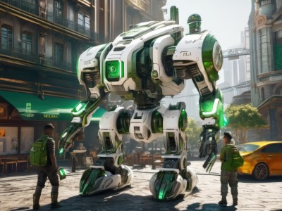 1boy,hat,standing,jacket,weapon,boots,outdoors,multiple boys,2boys,bag,from behind,tree,gun,glowing,backpack,robot,ground vehicle,building,mecha,motor vehicle,science fiction,green jacket,city,sign,car,road,street,truck,holding,3boys,helmet,holding gun,scenery,rifle,lamppost,traffic light