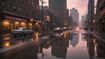 outdoors,sky,artist name,signature,no humans,window,night,watermark,ground vehicle,building,scenery,motor vehicle,reflection,city,sign,car,road,cityscape,bridge,vehicle focus,power lines,lamppost,street,utility pole,road sign,puddle,traffic light,crosswalk,real world location,cloud,water,web address,rain,sunset,evening