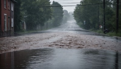 outdoors,sky,day,cloud,tree,no humans,window,grass,ground vehicle,building,nature,scenery,motor vehicle,forest,reflection,rain,sign,fence,road,bush,house,power lines,lamppost,street,utility pole,road sign,puddle,sidewalk,1girl,water,cloudy sky,fog