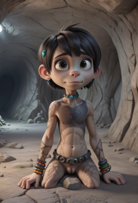 solo,looking at viewer,short hair,black hair,hair ornament,1boy,navel,jewelry,sitting,closed mouth,nipples,male focus,nude,earrings,outdoors,penis,pussy,belt,necklace,black eyes,bracelet,loli,kneeling,uncensored,tattoo,piercing,testicles,freckles,shota,flaccid,small penis,1girl,brown eyes,green eyes,flat chest,lips,muscular,abs,rock,tomboy,cave,tribal,full-body tattoo