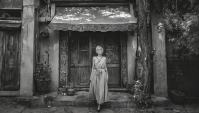 1girl,solo,looking at viewer,short hair,long sleeves,1boy,jewelry,closed mouth,standing,monochrome,greyscale,male focus,outdoors,barefoot,necklace,tree,window,sunlight,plant,scenery,walking,door,arms at sides,potted plant,architecture,wide shot,pillar,statue,dress,holding,weapon,indoors,wide sleeves,robe,vines