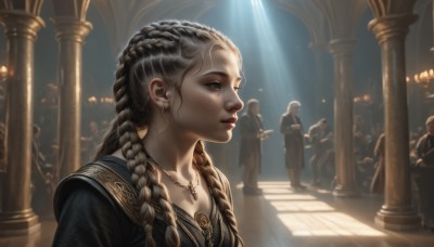 1girl,long hair,blue eyes,brown hair,dress,jewelry,closed mouth,upper body,braid,grey hair,earrings,multiple boys,solo focus,indoors,necklace,blurry,black dress,twin braids,from side,lips,grey eyes,profile,makeup,looking away,sunlight,pendant,6+boys,light rays,realistic,nose,red lips,light,sunbeam,hair pulled back,pillar,statue,crowd,column,multiple braids,breasts,collarbone,parted lips,artist name,eyelashes,lipstick,earphones,mascara