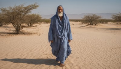 solo,looking at viewer,long sleeves,1boy,standing,full body,male focus,outdoors,barefoot,day,hood,tree,mask,shadow,facial hair,cloak,beard,walking,robe,realistic,arms at sides,bald,old,old man,desert,parody,sand