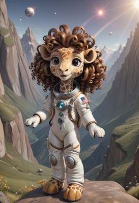 1girl,solo,long hair,looking at viewer,smile,brown hair,animal ears,brown eyes,standing,full body,flower,outdoors,sky,grass,star (sky),furry,curly hair,rock,mountain,furry female,sun,space,planet,earth (planet),spacesuit,astronaut,bodysuit,moon,animal hands,facepaint,alien,japanese flag