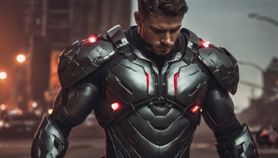 solo,short hair,brown hair,black hair,1boy,closed mouth,closed eyes,upper body,male focus,outdoors,dark skin,armor,blurry,blurry background,facial hair,dark-skinned male,facing viewer,beard,science fiction,realistic,manly,power armor,shoulder armor,undercut