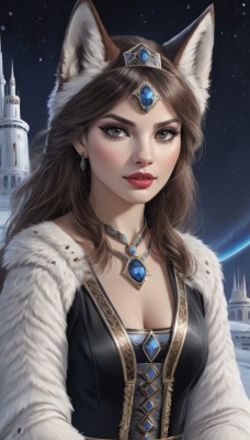 1girl,solo,long hair,breasts,looking at viewer,brown hair,dress,animal ears,cleavage,brown eyes,jewelry,medium breasts,upper body,earrings,parted lips,sky,signature,necklace,lips,animal ear fluff,fur trim,fox ears,makeup,night,tiara,lipstick,gem,star (sky),night sky,corset,pendant,eyeshadow,starry sky,circlet,nose,red lips,space,planet,castle,diadem,bangs,artist name,parted bangs,eyelashes,wolf ears,realistic