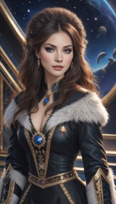 1girl,solo,long hair,breasts,looking at viewer,brown hair,long sleeves,dress,cleavage,brown eyes,jewelry,medium breasts,upper body,braid,earrings,parted lips,sky,belt,artist name,black dress,lips,coat,fur trim,makeup,wavy hair,lipstick,gem,star (sky),starry sky,nose,red lips,space,fur-trimmed sleeves,planet,earth (planet),necklace,forehead,eyeshadow,realistic