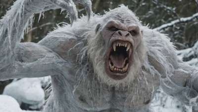 solo,looking at viewer,open mouth,1boy,outdoors,teeth,tongue,blurry,tree,no humans,blurry background,fangs,sharp teeth,claws,snow,monster,realistic,red eyes,upper body,colored sclera,branch,bare tree,horror (theme),grey theme