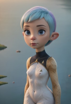 1girl,solo,breasts,looking at viewer,smile,short hair,blue eyes,navel,jewelry,blue hair,earrings,small breasts,outdoors,pointy ears,water,flat chest,lips,furry,freckles,furry female,nipples,upper body,artist name,eyelashes,bodysuit,covered navel,very short hair