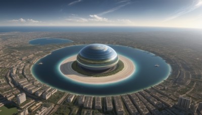 outdoors,food,sky,day,cloud,water,blue sky,no humans,bird,ocean,from above,building,scenery,city,aircraft,horizon,cityscape,tower,landscape,island,beach,cloudy sky,science fiction,fantasy,watercraft,skyscraper,spacecraft