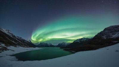 outdoors,sky,cloud,no humans,night,star (sky),night sky,scenery,snow,starry sky,mountain,landscape,mountainous horizon,aurora,water,nature,horizon,winter,footprints