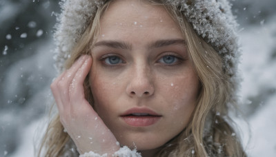 1girl, solo, long hair, looking at viewer, blue eyes, blonde hair, parted lips, hood, blurry, lips, fur trim, eyelashes, portrait, snow, close-up, hand on own face, freckles, snowing, realistic