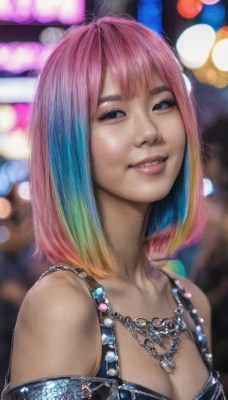 1girl,solo,breasts,looking at viewer,smile,short hair,bangs,blonde hair,cleavage,bare shoulders,jewelry,medium breasts,blue hair,collarbone,upper body,pink hair,multicolored hair,parted lips,teeth,medium hair,necklace,blurry,black eyes,two-tone hair,lips,gradient hair,depth of field,blurry background,realistic,nose,rainbow hair,heart,bokeh