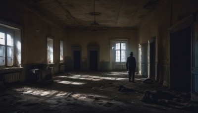 solo,1boy,standing,male focus,day,indoors,bag,from behind,window,chair,table,sunlight,scenery,light rays,door,light,ruins,wide shot,hallway,broken window,shadow,1other,silhouette,dark