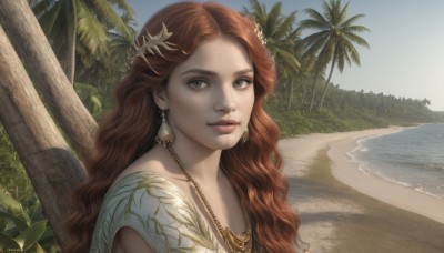 1girl,solo,long hair,looking at viewer,brown hair,hair ornament,dress,brown eyes,jewelry,upper body,red hair,earrings,outdoors,parted lips,day,water,necklace,white dress,tree,lips,grey eyes,wavy hair,beach,plant,portrait,realistic,nose,sand,palm tree,sky,from side,blue sky,ocean,sunlight