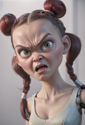 1girl,solo,long hair,breasts,looking at viewer,open mouth,brown hair,shirt,cleavage,twintails,green eyes,collarbone,upper body,braid,small breasts,teeth,artist name,hair bun,blurry,twin braids,v-shaped eyebrows,double bun,fangs,tank top,angry,forehead,freckles,realistic,hair tie,cyborg,medium breasts,lips,sharp teeth,nose,prosthesis