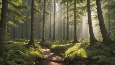 outdoors,day,artist name,signature,tree,no humans,leaf,watermark,sunlight,grass,plant,nature,scenery,forest,light rays,road,bush,sunbeam,dappled sunlight,green theme,path,rock,shade,mushroom,moss