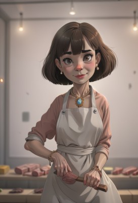 1girl,solo,looking at viewer,blush,smile,short hair,bangs,brown hair,holding,brown eyes,jewelry,closed mouth,standing,cowboy shot,earrings,food,indoors,medium hair,necklace,blurry,apron,bracelet,lips,makeup,depth of field,blurry background,bob cut,thick eyebrows,lipstick,gem,white apron,sleeves rolled up,beads,red lips,bead bracelet,kitchen,sleeves pushed up,sleeves past elbows,mascara,frying pan,spatula,dress