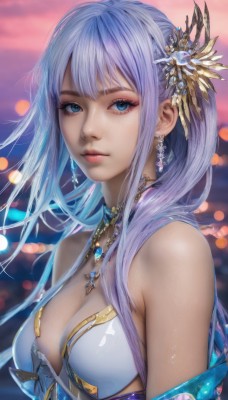 1girl,solo,long hair,breasts,looking at viewer,bangs,blue eyes,hair ornament,cleavage,bare shoulders,jewelry,medium breasts,closed mouth,blue hair,swimsuit,upper body,sidelocks,bikini,earrings,outdoors,choker,necklace,blurry,lips,eyelashes,makeup,depth of field,blurry background,white bikini,gem,realistic,nose,bokeh,blue gemstone,purple hair,parted lips,sky,shiny,artist name,signature,shiny hair,expressionless,light purple hair,eyeshadow,eyeliner,mascara