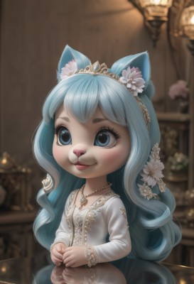 1girl,solo,long hair,blush,smile,blue eyes,hair ornament,long sleeves,dress,animal ears,jewelry,blue hair,tail,flower,parted lips,indoors,cat ears,hair flower,necklace,white dress,blurry,lips,animal ear fluff,eyelashes,depth of field,blurry background,tiara,furry,furry female,teeth,artist name,chibi,watermark