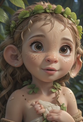 1girl,solo,long hair,looking at viewer,smile,blonde hair,brown hair,bare shoulders,brown eyes,jewelry,upper body,earrings,outdoors,parted lips,teeth,blurry,flat chest,lips,blurry background,leaf,plant,child,freckles,realistic,female child,head wreath,dress,eyelashes,strapless,own hands together,close-up,dirty