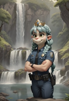 1girl,solo,long hair,smile,bangs,shirt,animal ears,twintails,brown eyes,closed mouth,blue hair,standing,yellow eyes,braid,short sleeves,cowboy shot,outdoors,green hair,necktie,day,pointy ears,collared shirt,belt,pants,artist name,water,uniform,twin braids,tree,gun,aqua hair,watermark,crossed arms,thick eyebrows,crown,looking up,blue shirt,nature,black necktie,furry,handgun,wading,forest,pocket,watch,black belt,furry female,blue pants,breast pocket,holster,body fur,police,police uniform,waterfall,policewoman,grey hair,tiara,pouch