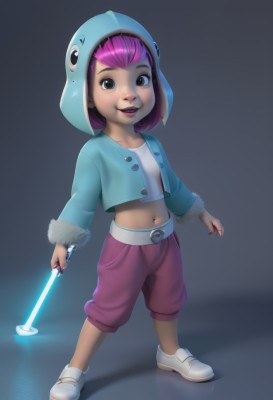 1girl,solo,looking at viewer,smile,short hair,open mouth,navel,holding,brown eyes,standing,jacket,full body,weapon,pink hair,purple hair,shoes,shorts,midriff,belt,pants,sword,hood,holding weapon,flat chest,lips,crop top,holding sword,child,female child,energy sword,lightsaber,blue eyes,hat,teeth,fur trim,glowing,science fiction,humanization