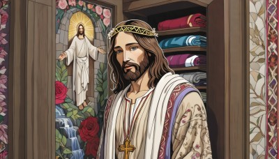 solo,long hair,looking at viewer,blue eyes,brown hair,long sleeves,1boy,brown eyes,jewelry,closed mouth,standing,upper body,flower,male focus,multiple boys,barefoot,indoors,2boys,water,necklace,book,rose,facial hair,cross,crown,red flower,beard,robe,red rose,mustache,cross necklace,statue,stained glass,white robe,priest,animification,pillar