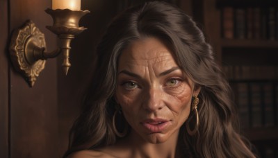 1girl,solo,long hair,looking at viewer,brown hair,black hair,brown eyes,jewelry,green eyes,grey hair,earrings,parted lips,indoors,blurry,dark-skinned female,lips,book,eyelashes,tattoo,scar,portrait,scar on face,forehead,hoop earrings,mirror,realistic,bookshelf,library,bare shoulders,closed mouth,blurry background,wavy hair,close-up,nose,scar across eye