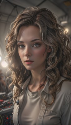 1girl,solo,long hair,breasts,looking at viewer,blue eyes,brown hair,shirt,medium breasts,collarbone,jacket,white shirt,upper body,parted lips,open clothes,indoors,blurry,open jacket,lips,grey eyes,eyelashes,blurry background,wavy hair,grey shirt,forehead,freckles,curly hair,realistic,nose,jewelry,teeth,tattoo,makeup,watermark,red lips