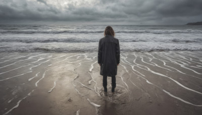 1girl, solo, brown hair, long sleeves, standing, outdoors, sky, pants, cloud, medium hair, water, from behind, ocean, beach, cloudy sky, arms at sides, horizon, facing away, waves, footprints