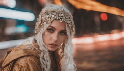 1girl,solo,long hair,looking at viewer,jewelry,upper body,white hair,earrings,parted lips,blurry,lips,grey eyes,eyelashes,depth of field,blurry background,tiara,portrait,realistic,gloves,looking to the side,hand on own face,red lips