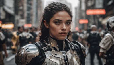 1girl,long hair,looking at viewer,brown hair,black hair,brown eyes,jewelry,upper body,earrings,multiple boys,solo focus,dark skin,armor,mole,blurry,black eyes,dark-skinned female,lips,mole under eye,depth of field,blurry background,shoulder armor,science fiction,breastplate,realistic,cyborg,very dark skin,power armor,cyberpunk,braid,outdoors,thick eyebrows,freckles,nose